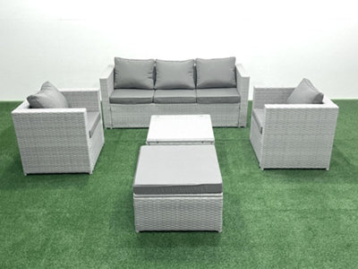 Fimous 6 Seater Rattan Garden Furniture Set 3 Seater Sofa 2 Chair Square Coffee Table Big Stool Light Grey - image 1