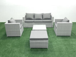 Fimous 6 Seater Rattan Garden Furniture Set 3 Seater Sofa 2 Chair Square Coffee Table Big Stool Light Grey - thumbnail 2