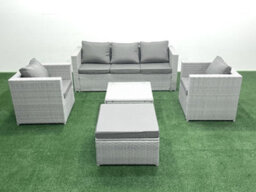 Fimous 6 Seater Rattan Garden Furniture Set 3 Seater Sofa 2 Chair Square Coffee Table Big Stool Light Grey - thumbnail 1