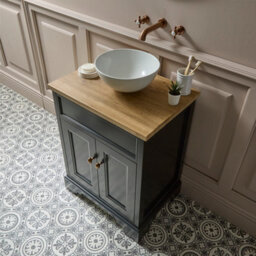 Homestylestore Black Grey And Oak 645mm Bathroom Vanity Unit With Round Countertop Basin And Brushed Copper Classic Round Handles - thumbnail 3