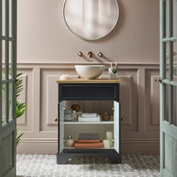 Homestylestore Black Grey And Oak 645mm Bathroom Vanity Unit With Round Countertop Basin And Brushed Copper Classic Round Handles - thumbnail 2