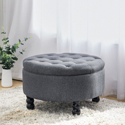 Living And Home Round Dark Grey Linen Upholstered Storage Ottoman Footstool With Tray Top Table Dia 700 X H 450 mm - image 1