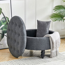 Living And Home Round Dark Grey Linen Upholstered Storage Ottoman Footstool With Tray Top Table Dia 700 X H 450 mm - thumbnail 3