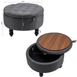 Living And Home Round Dark Grey Linen Upholstered Storage Ottoman Footstool With Tray Top Table Dia 700 X H 450 mm - thumbnail 4