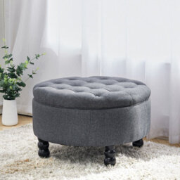 Living And Home Round Dark Grey Linen Upholstered Storage Ottoman Footstool With Tray Top Table Dia 700 X H 450 mm - thumbnail 1