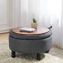 Living And Home Round Dark Grey Linen Upholstered Storage Ottoman Footstool With Tray Top Table Dia 700 X H 450 mm - thumbnail 2