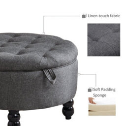 Living And Home Round Dark Grey Linen Upholstered Storage Ottoman Footstool With Tray Top Table Dia 700 X H 450 mm - thumbnail 5
