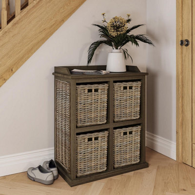 Fwstyle 4 Drawer Storage Unit Ready Assembled Handmade Solid Mahogany & Rattan - image 1