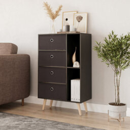 Urbn-Living Urbnliving 84Cm Height Black 6 Section Wooden Storage Bookcase With Pine Legs Black Drawers - thumbnail 1
