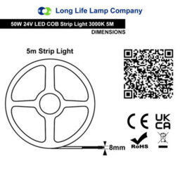 Long Life Lamps Company Warm White Led Tape Strip Light 5 Metres 24V Continuous Cob Illumination Ip20 - thumbnail 2