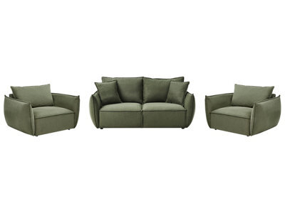 Wyld And Coco Cosy Living Room Set - Green Fabric, Low Profile Sofa And 2 Plush Armchairs, Deep Wide Seats - image 1