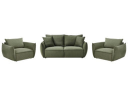 Wyld And Coco Cosy Living Room Set - Green Fabric, Low Profile Sofa And 2 Plush Armchairs, Deep Wide Seats - thumbnail 1