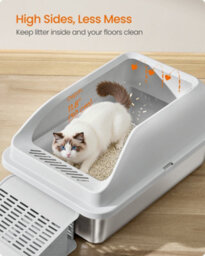 Feandrea Stainless Steel Cat Litter Box, High Sided Litter Tray With Open Top, Step, Scoop, Brush, For Cats Up To 15 Kg, Dove Grey - thumbnail 4