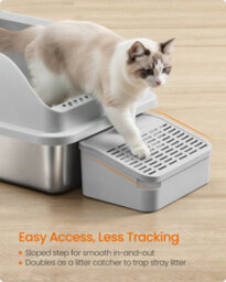 Feandrea Stainless Steel Cat Litter Box, High Sided Litter Tray With Open Top, Step, Scoop, Brush, For Cats Up To 15 Kg, Dove Grey - thumbnail 5