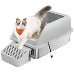 Feandrea Stainless Steel Cat Litter Box, High Sided Litter Tray With Open Top, Step, Scoop, Brush, For Cats Up To 15 Kg, Dove Grey - thumbnail 2