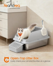 Feandrea Stainless Steel Cat Litter Box, High Sided Litter Tray With Open Top, Step, Scoop, Brush, For Cats Up To 15 Kg, Dove Grey