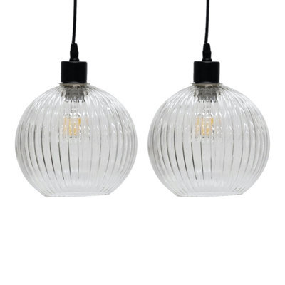 First Choice Lighting Set Of 2 Betchley Clear Ribbed Glass Globe Easy Fit Pendant Shades - image 1