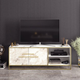 Decorotika Polka Tv Stand Tv Unit For Tvs Up To 72 Inch White Marble Effect And Gold