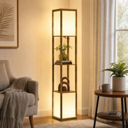 Homcom Dual Light Shelf Floor Lamp - Rustic Brown - thumbnail 1