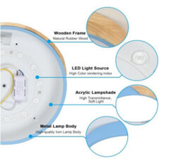 Led Blue Ceiling Light 24W Cool Light Flush Mount 30 Cm Round Wood - thumbnail 5