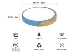Led Blue Ceiling Light 24W Cool Light Flush Mount 30 Cm Round Wood - thumbnail 6