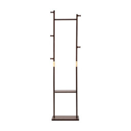 Living And Home Walnut Colour Rubberwood Freestanding Clothes Rack 5 Hooks Double Storage Shelves - thumbnail 4