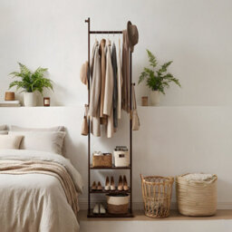 Living And Home Walnut Colour Rubberwood Freestanding Clothes Rack 5 Hooks Double Storage Shelves