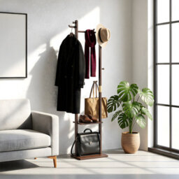 Living And Home Walnut Colour Rubberwood Freestanding Clothes Rack 5 Hooks Double Storage Shelves - thumbnail 2