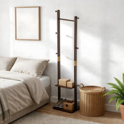 Living And Home Walnut Colour Rubberwood Freestanding Clothes Rack 5 Hooks Double Storage Shelves - thumbnail 3