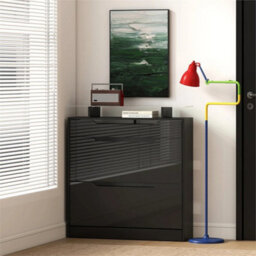 Shoe Cabinet With 3 Drawers, High Gloss Front Panels, Glass Top Black