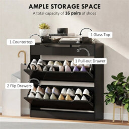 Shoe Cabinet With 3 Drawers, High Gloss Front Panels, Glass Top Black - thumbnail 4