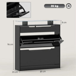 Shoe Cabinet With 3 Drawers, High Gloss Front Panels, Glass Top Black - thumbnail 2