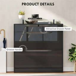 Shoe Cabinet With 3 Drawers, High Gloss Front Panels, Glass Top Black - thumbnail 3