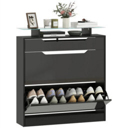Shoe Cabinet With 3 Drawers, High Gloss Front Panels, Glass Top Black - thumbnail 6