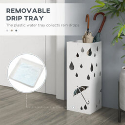 Homcom Metal Umbrella Stand, Square Umbrella Basket With 4 Hooks Drip Tray White - thumbnail 5