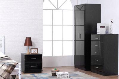 Reflect 2 Door Plain Wardrobe, 5 Drawer Chest, 2 Drawer Bedside - Black Gloss & Black Oak - Modern Bedroom Furniture Set - image 1