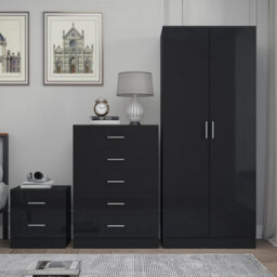 Reflect 2 Door Plain Wardrobe, 5 Drawer Chest, 2 Drawer Bedside - Black Gloss & Black Oak - Modern Bedroom Furniture Set - thumbnail 3