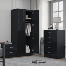 Reflect 2 Door Plain Wardrobe, 5 Drawer Chest, 2 Drawer Bedside - Black Gloss & Black Oak - Modern Bedroom Furniture Set - thumbnail 2