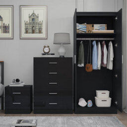 Reflect 2 Door Plain Wardrobe, 5 Drawer Chest, 2 Drawer Bedside - Black Gloss & Black Oak - Modern Bedroom Furniture Set - thumbnail 4