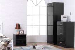 Reflect 2 Door Plain Wardrobe, 5 Drawer Chest, 2 Drawer Bedside - Black Gloss & Black Oak - Modern Bedroom Furniture Set - thumbnail 1