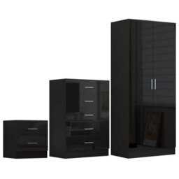 Reflect 2 Door Plain Wardrobe, 5 Drawer Chest, 2 Drawer Bedside - Black Gloss & Black Oak - Modern Bedroom Furniture Set - thumbnail 6