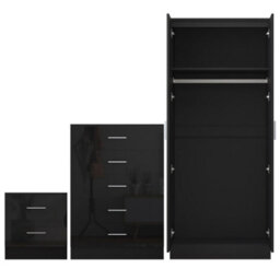 Reflect 2 Door Plain Wardrobe, 5 Drawer Chest, 2 Drawer Bedside - Black Gloss & Black Oak - Modern Bedroom Furniture Set - thumbnail 5