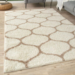 The Rugs Moroccan Shaggy Rugs And Runners Soft Fluffy Trellis Design High Pile Ivory And Beige  Living Room Kitchen Hallway 630 - thumbnail 1