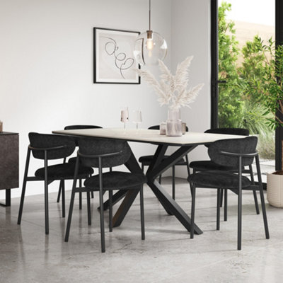 More4Homes Juno White Marble Ceramic Dining Table & 8 Myla Linen Black Chairs - image 1