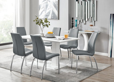 Furniturebox Imperia White High Gloss 6 Seater Dining Table With Structural 2 Plinth Column Legs 6 Grey Stitched Faux Leather Isco Chairs - image 1