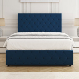 Bsspoke Mulberry Divan Bed Set Blue Plush Velvet 24Inch Headboard & Footboard & Mattress No Drawers In 3Ft 4Ft 4Ft6 5Ft 6Ft