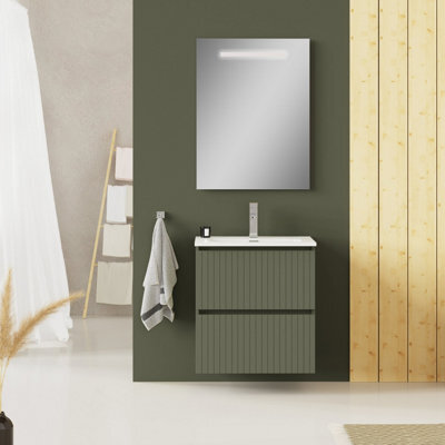 Banyetti Linea Muscat Sage Ribbed Double Drawer Wall Hung Vanity Unit 600mm X 390mm - image 1