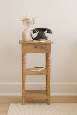 Artisan Furniture Solid Wood Turned Leg Telephone Table, 1-Drawer, 2 Open-Slots, Light Brown - image 1