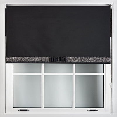Furnished Black Fabric Blackout Roller Blind With Decorative Black Glitter & Black Bow - Trimmable (W)105Cm X (L)165Cm - image 1