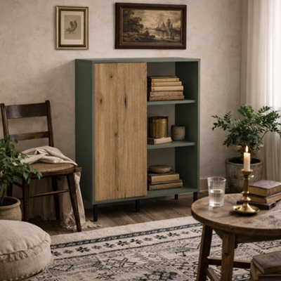 Wyld Haus Spentrup Sideboard - Green Olive Body With Natural Oak Sliding Door, 1 Door - image 1